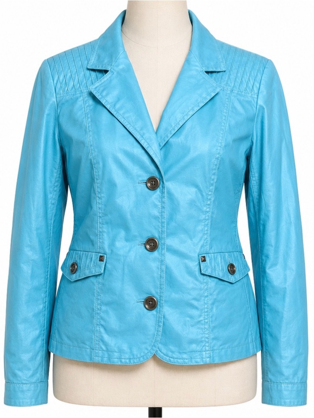 TanJay Petite 6P Turquoise Faux Leather Blazer 3-Button Moto Jacket